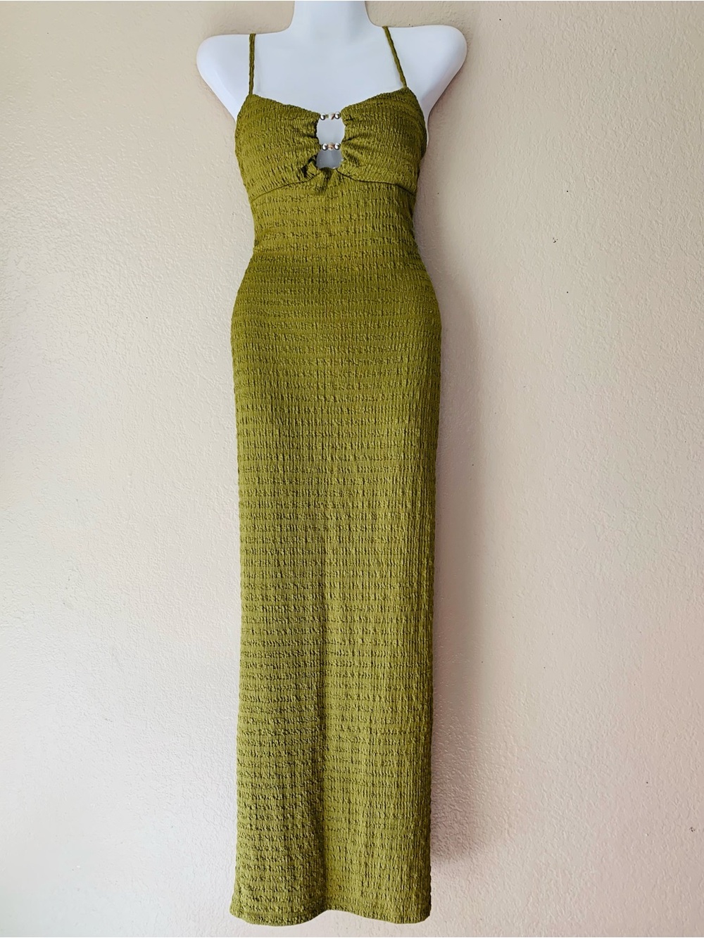 Derek Heart Y2K Moss Green Textured Baby Doll Retro Maxi Dress Size M - Picture 2 of 11